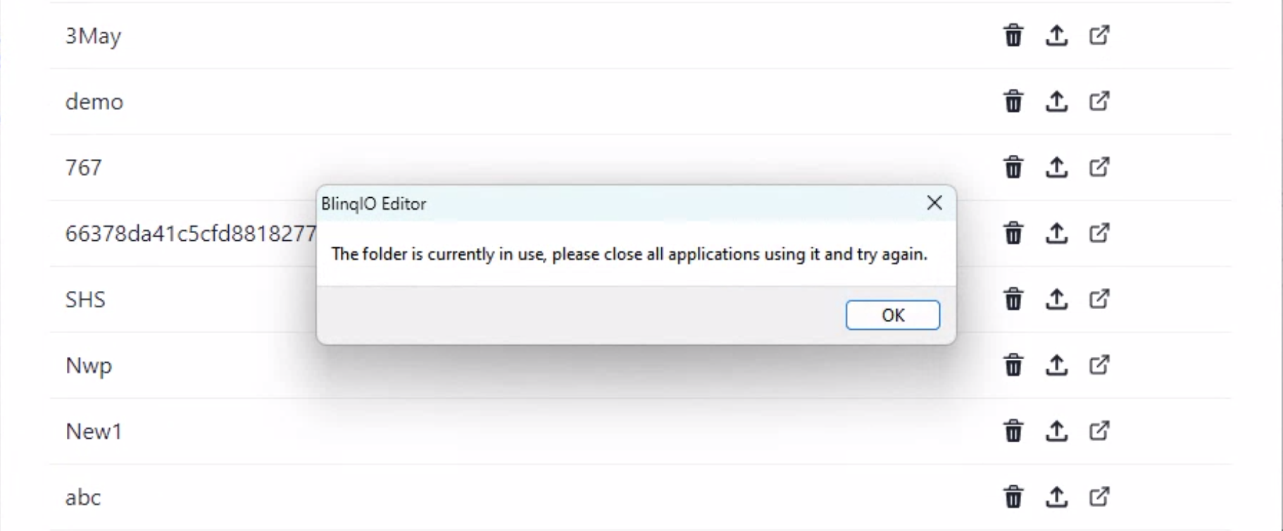 Amdocs Editor: Folder busy warning during synced project delete